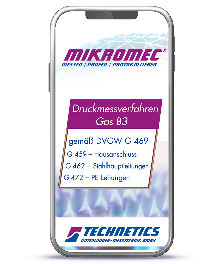 Gas-B3_Startbildschirm-V2-mit-Handy- Prüfsoftware mikromec® Soft G 469 B3 für das Druckprüfkit Precisio B3 zur Gasleitungsprüfungen gemäß DVGW G 469